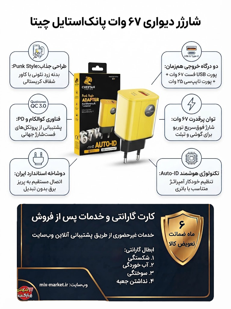 شارژر دیواری 67 وات دو پورت چیتا طرح پانک شفاف